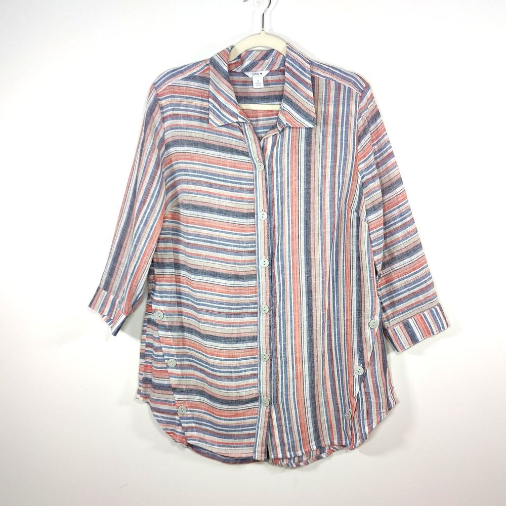 Intro. Linen Blend Striped Button Up Roll Tab Shirt Lagenlook Small